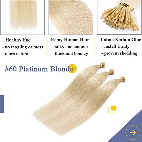 SEGO SEGO Pre Bonded I Tip Hair Extension Human Hair Keratin Stick Hair Extensions Cold Fusion for Women Smooth Straight 100 Strands/pack #60 Platinum Blonde 22 Inch 50g