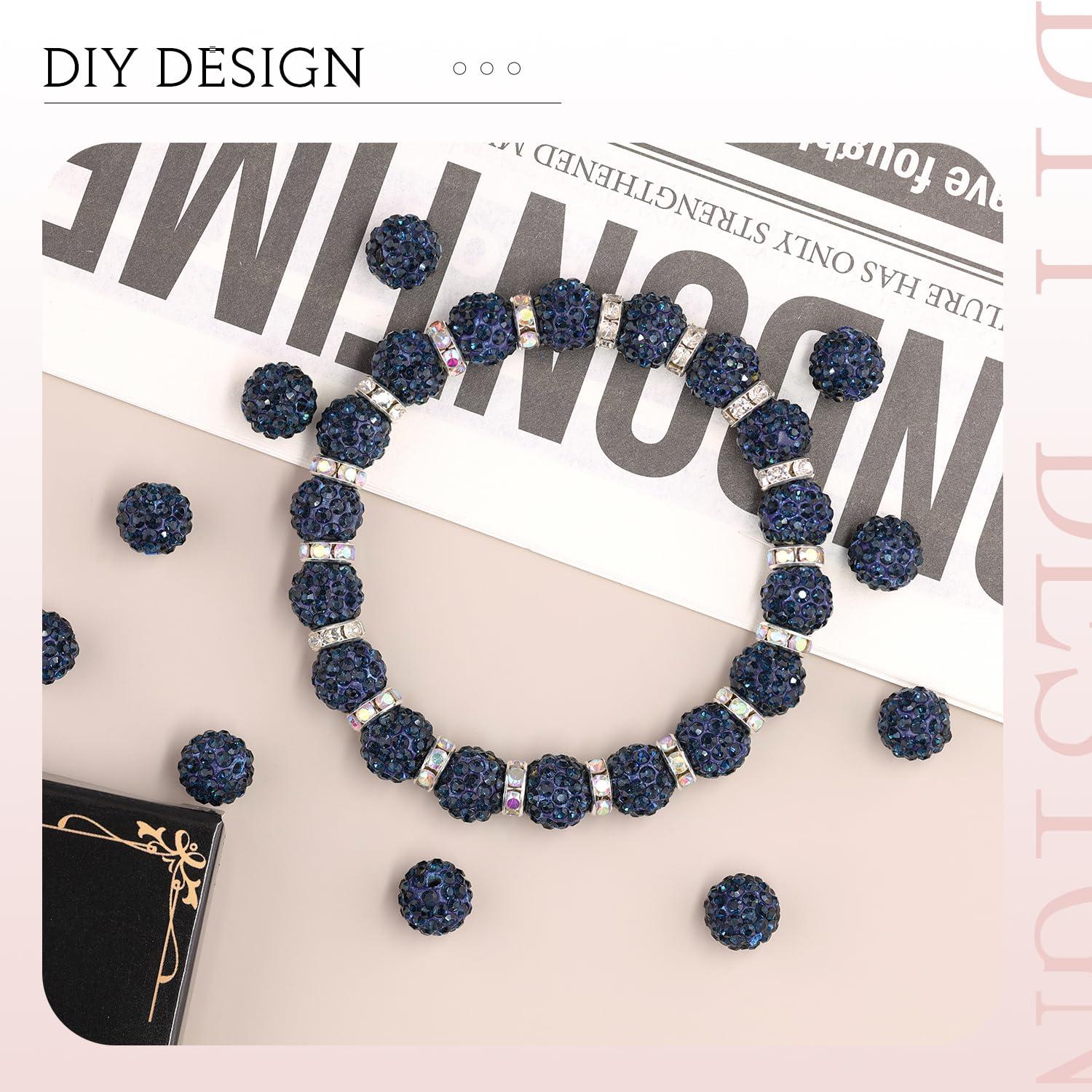 TINKRSTUFF 150 Pcs Blue Black Rhinestone Beads for Jewelry Making, Sparkle Crystal Clay Christmas for Bracelet Baseball Necklace Earring Crafting and DIY, Shiny Round Shamballa Disco Ball Beads Bulk
