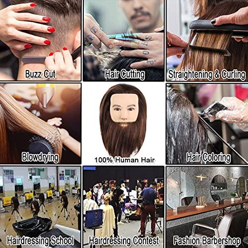 Newshair NEWSHAIR Male Mannequin Head with Beard 100% Human Hair Haircut Training Head with Thick Hair Hairdresser Manikin Head Doll Head for Styling and Practice Handsome Face Adult Head Size (8-10Inch 3B#)