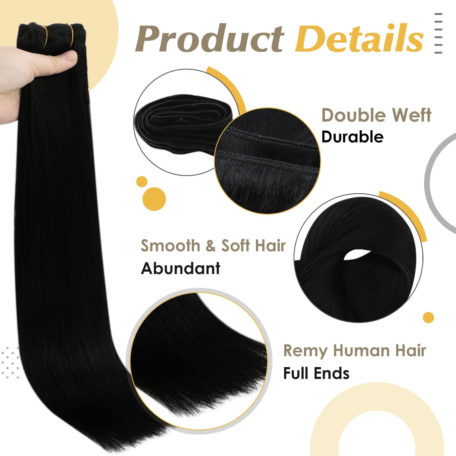 Full Shine Full Shine Black Weft Human Hair Extensions 22 Inch and Sew in Hair Extensions Real Human Hair Jet Black