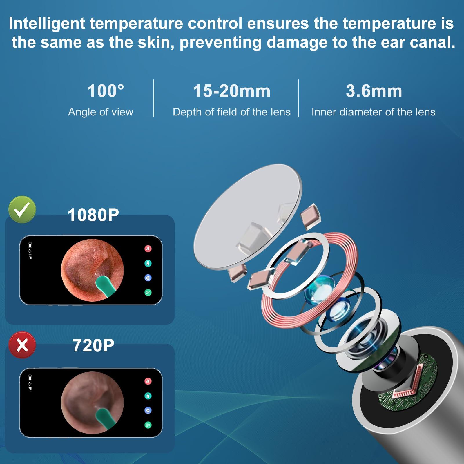 Mapleboom Ear Wax Removal Tool, Ear Cleaner with1080P HD Otoscope Camera, Ear Camera Otoscope with Light, 6 LED Lights, Built-in WiFi,Ear Cleaning Kit for iPhone and Android Phones