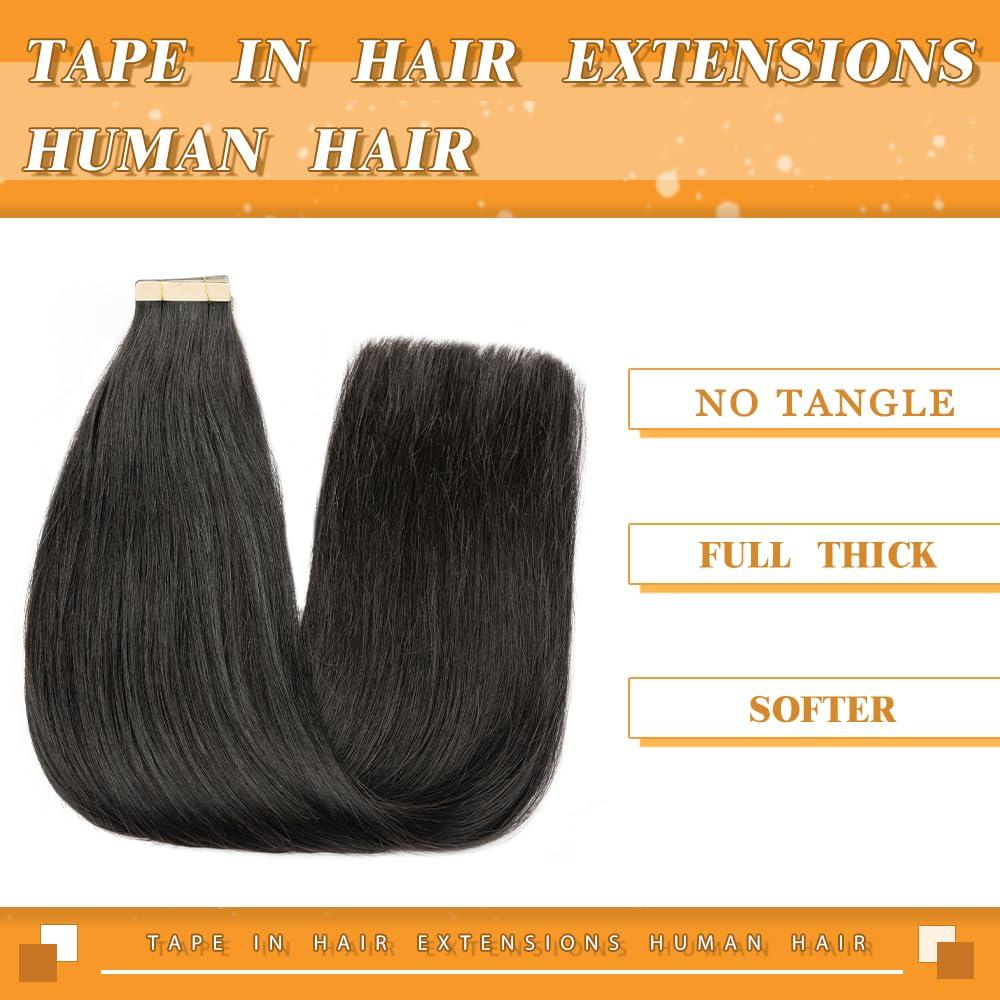 YDDM Tape in Hair Extensions Human Hair 24 Inch 20Pcs Natural Black Human Hair Tape in Extensions Tape Ins for Women Seamless Invisible Straight Tape in Hair Extensions Human Hair (1B#, 24 Inch)