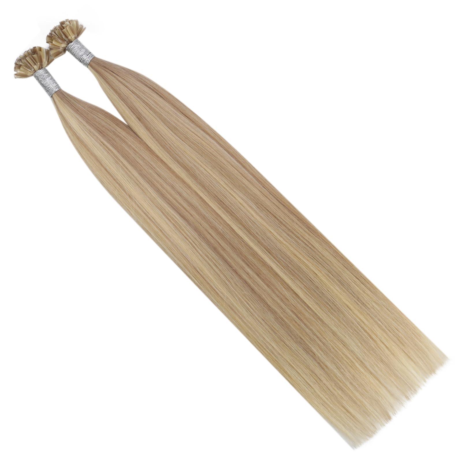Ugeat Ugeat Utip Human Hair Extensions Dark Ash Blonde Highlights Golden Blonde U Tip Keratin Bond Hair Extensions for Women Add Length No Shedding 22 Inch 50G 50S