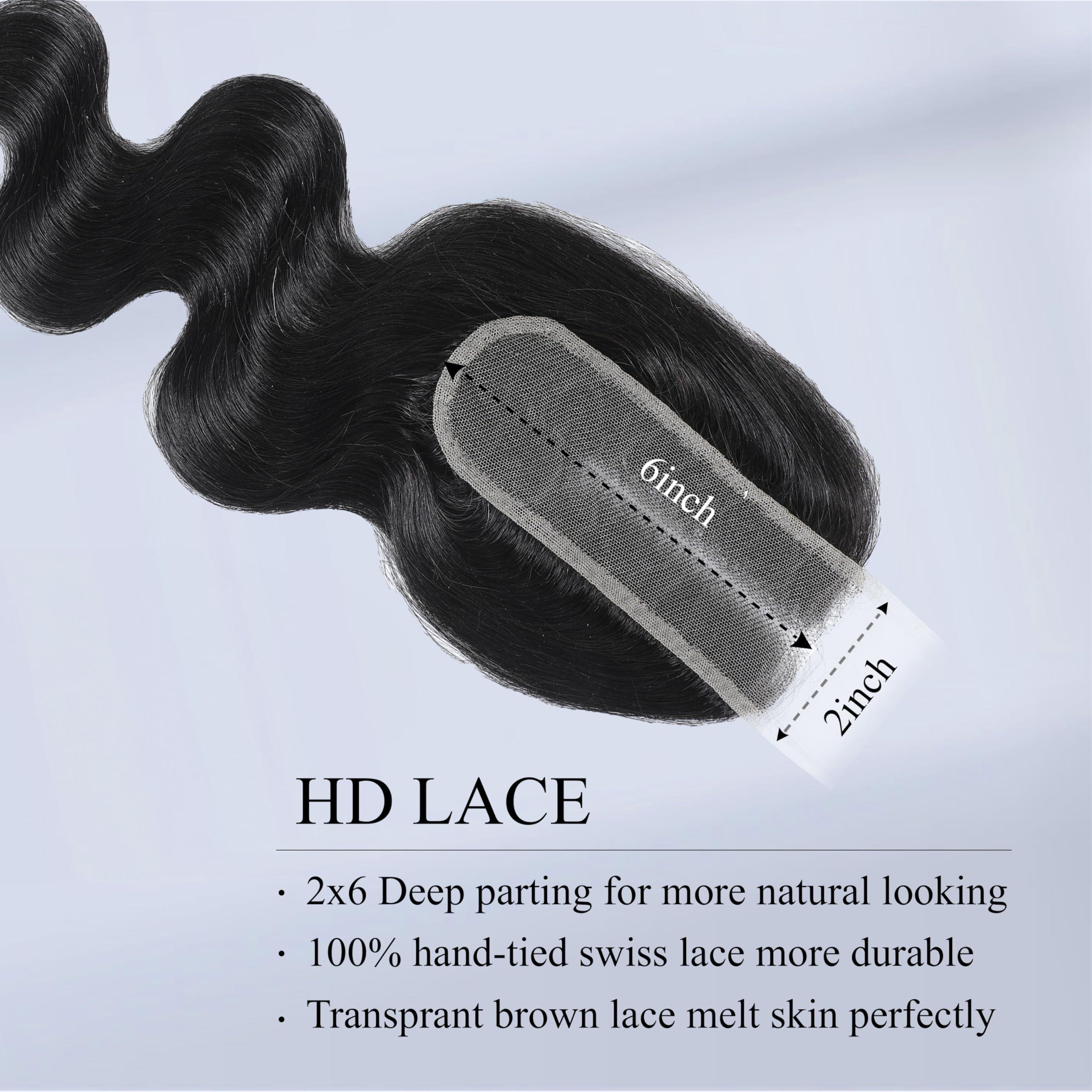 MOMOSHERO MOMOSHERO 2x6 HD Lace Closure Only 20 Inch Body Wave Human Hair, Pre Plucked Closure Sew In 2 by 6 Lace Closure Middle Part 100% Brazilian Virgin Human Hair Unprocessed 2x6 Kim K Closure Natural Black