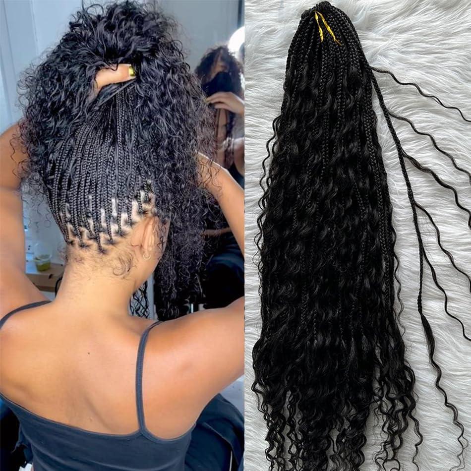 Crochet Boho Box Braids With Human Hair Curls Pre Looped Box Braids With Curly Human Hair Full Ends Hair Extensions For Women Natural Color 24 Inch 1 Pack 40 Strands