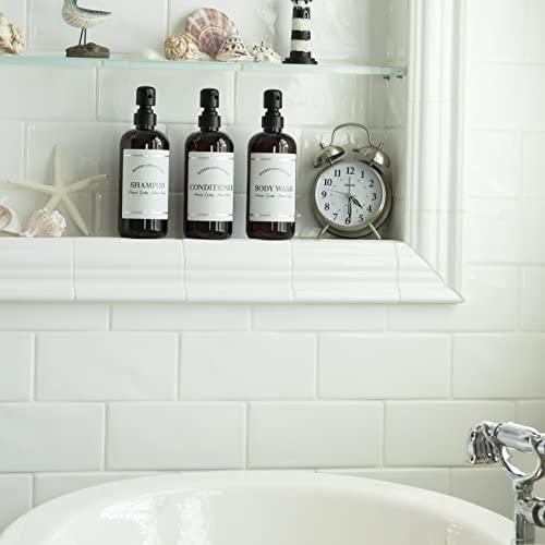 Artanis Home Amber Refillable Shampoo and Conditioner Bottles - Body Wash, Shampoo and Conditioner Dispenser - PET Plastic Shampoo Bottles Refillable with Pump - Waterproof Labels - 16 oz, 3 Pack (Black Satin)