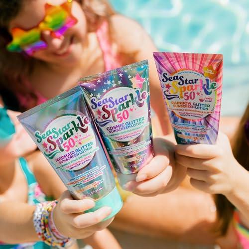 Sunshine & Glitter Seastar Sparkle - Cosmic Marshmallow Scented Glitter Sunscreen Lotion - SPF 50 - Biodegradable Sunscreen, Kids, Water Resistant, Glitter lotion, Cruelty Free, Kids Lotion, Made in USA, 3.4oz