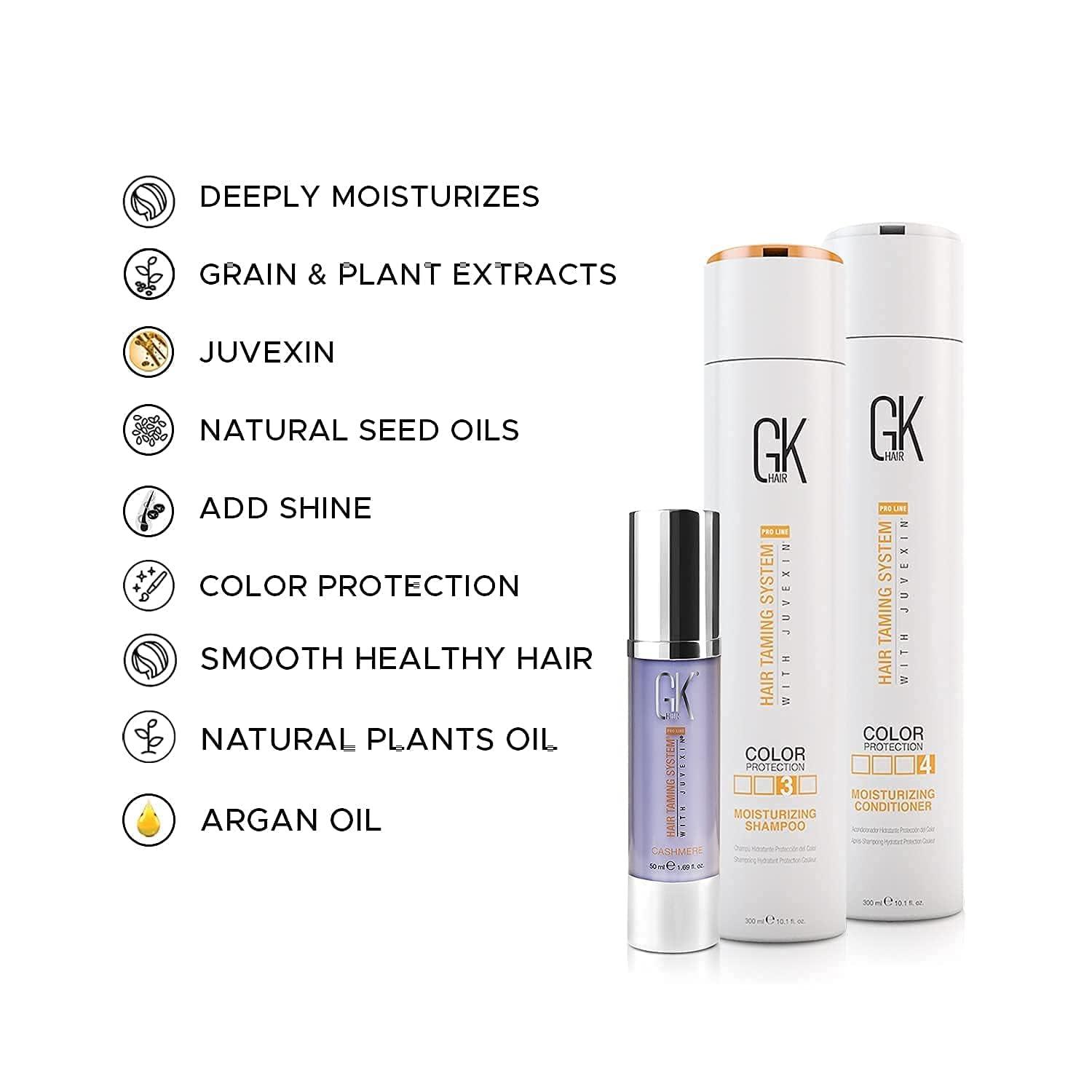 GK HAIR GK Hair Global Keratin Moisturizing Shampoo And Conditioner 300ml With Cashmere Serum 50ml And Free Argan Oil Serum 10ml For Dry Curly Thick Frizzy Damage Unmanageable Hair - Sulfate And Paraben Free