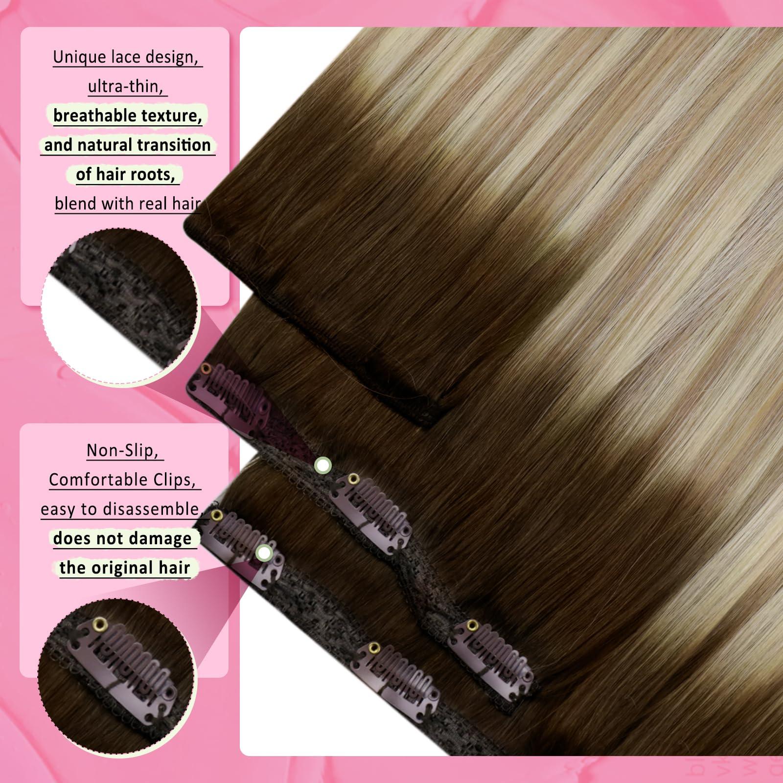 YoungSee YoungSee Clip in Hair Extensions Ombre Blonde Clip in Hair Extensions Real Human Hair Balayage Dark Brown Mix Blonde Straight Hair Extensions Clip ins for Short Human Hair Extensions 12Inch 7Pcs 80G