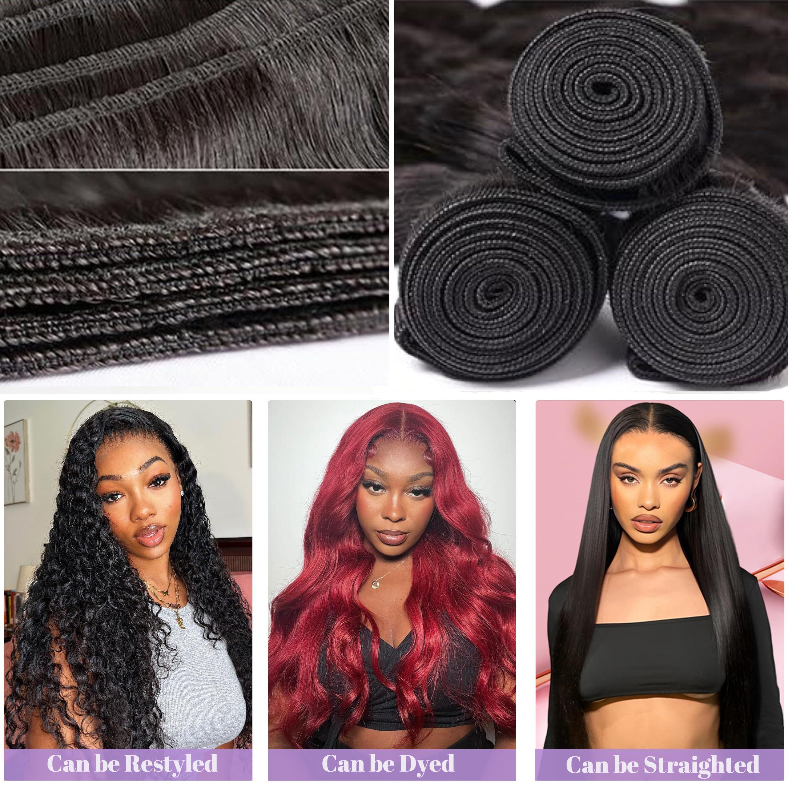 Cenglou Human Hair Bundles 28 Inch Body Wave Bundles Human Hair 100% Unprocessed 12A Brazilian Virgin Hair Bundles Human Hair Extensions Deals Long Quick Weave Bundles Human Hair Double Weft Natural Black