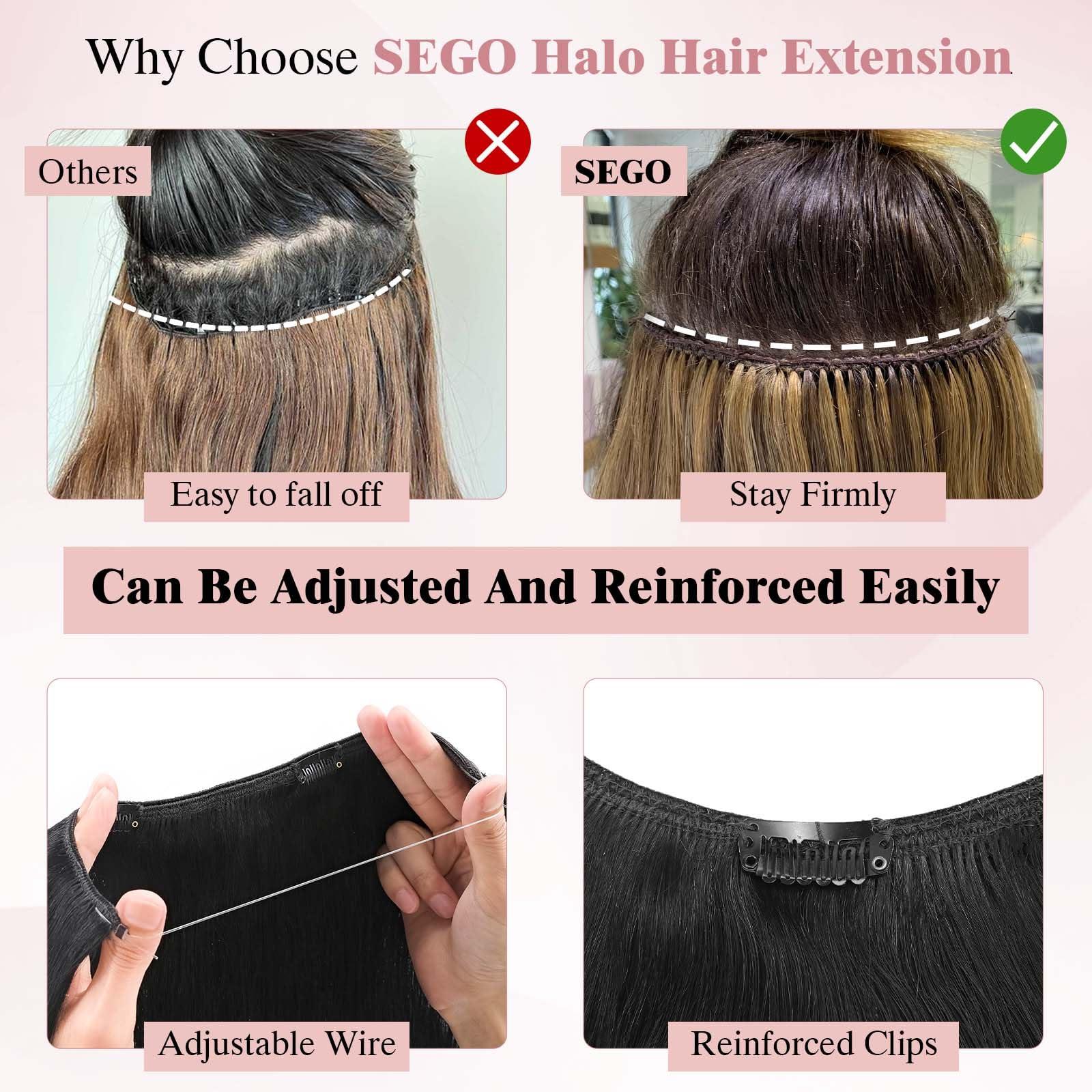 SEGO Halo Hair Extensions Human Hair, SEGO 100% Real Human Hair Extensions Halo, Wire Hair Extensions with Invisible Wire and Clips, Halo Hair Extension for Women, 20Inch Medium Brown Mixed Dark Blonde,70g