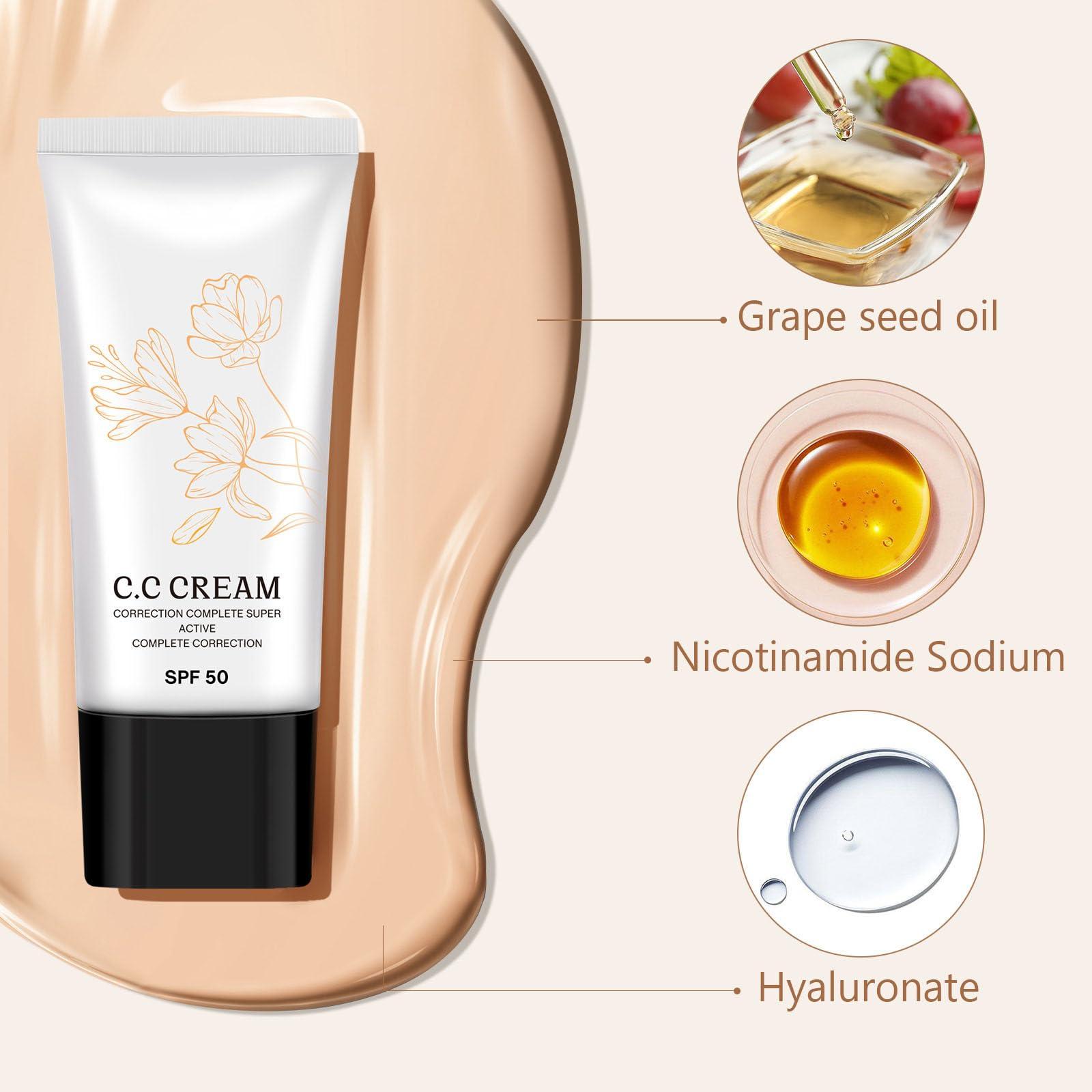 Korean Cc Cream Korean Cc Cream Self Adjusting for Mature Skin, Cc Cream Tinted Moisturizer with Spf 50 Full Coverage, Organic Cc Cream Sunscreen Foundation and Concealer for Face and Body Color Correcting (2PCS)