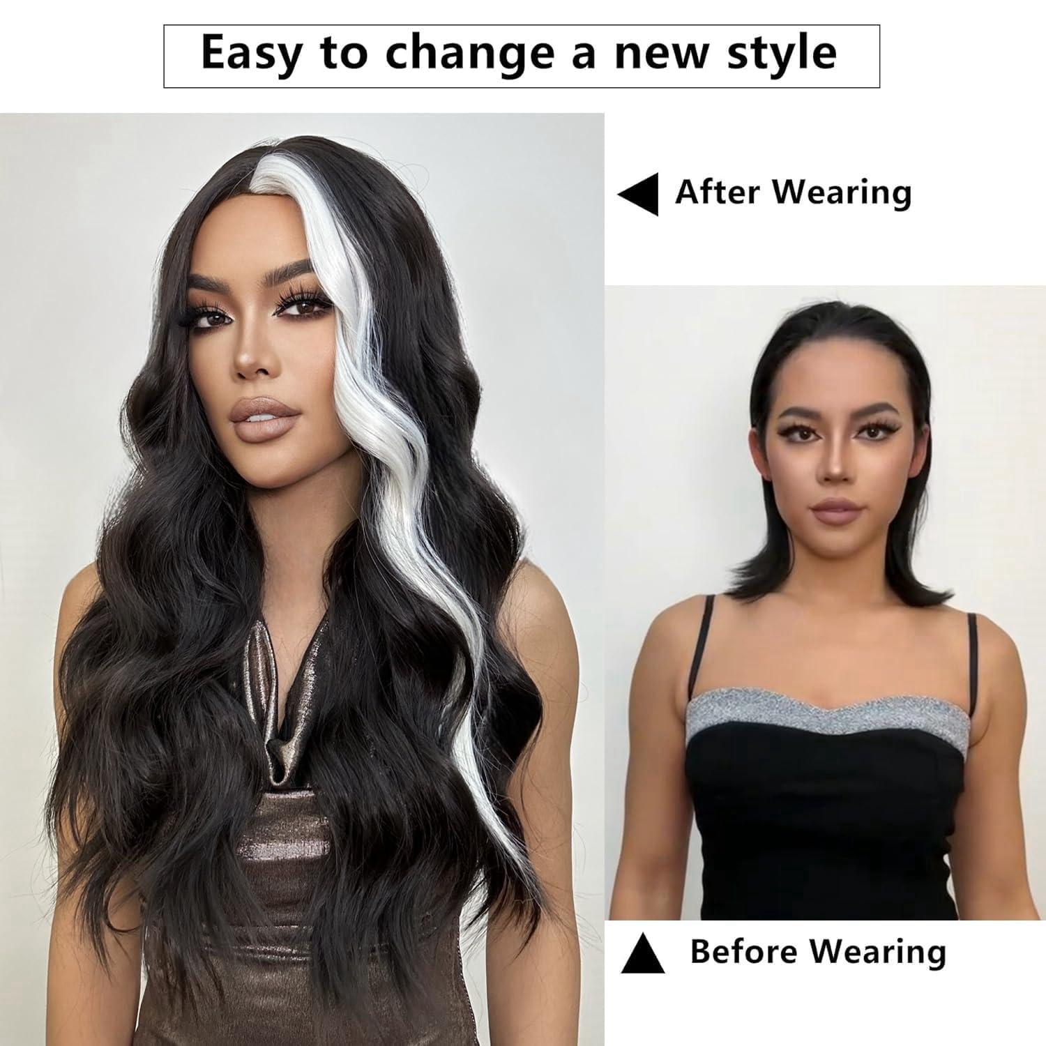 Sabosi Sabosi Long Wavy Black White Wigs for Women 26 Inch Middle Part Curly Wavy Wig Natural Looking Synthetic Heat Resistant Fiber Wig for Daily Party Use