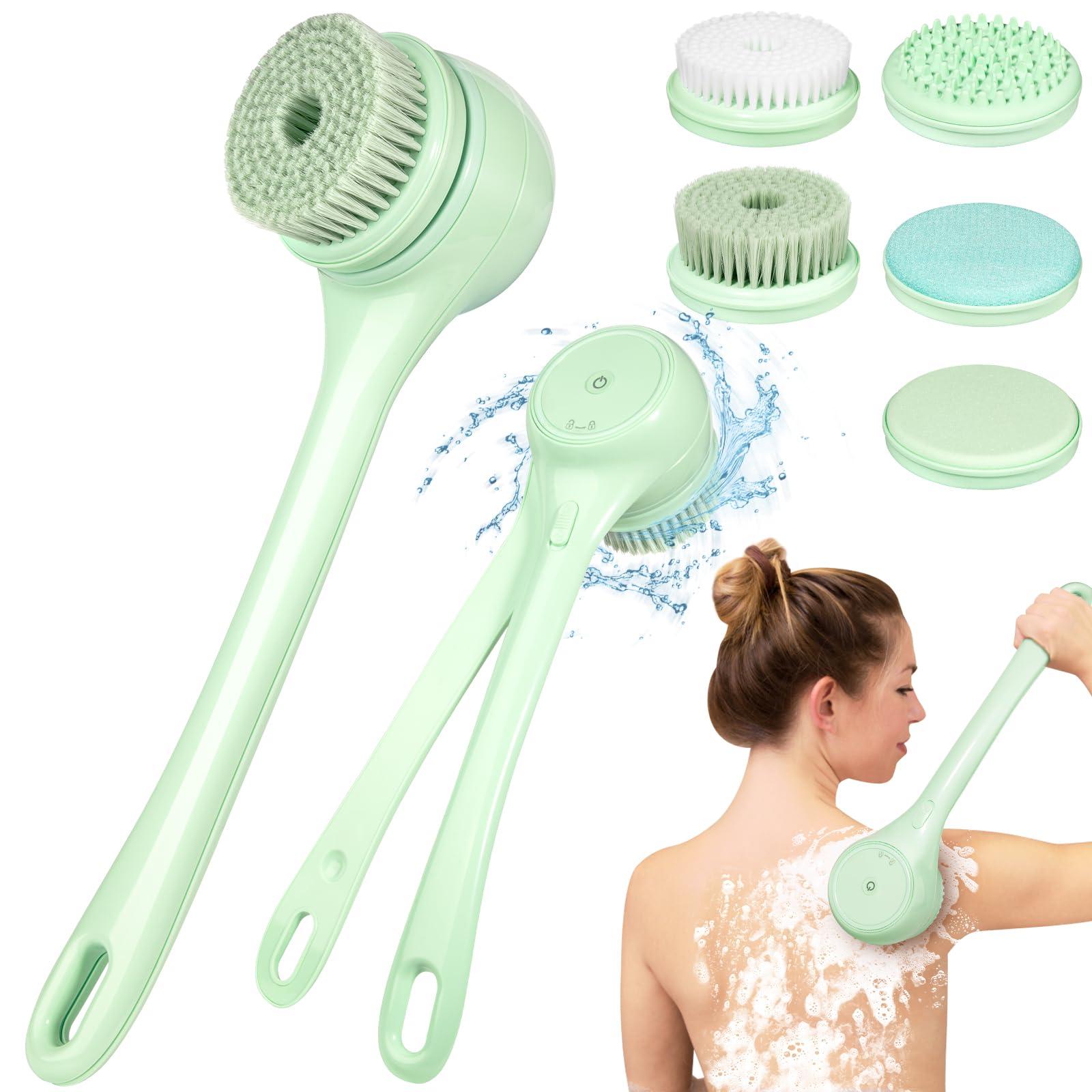 Keweis Electric Body Brush Back Scrubber for Shower, Auto Spinning Exfoliating Massage Bath Brush Rechargeable, Dual Long Handle, Deep Cleansing, Waterproof, Rotating Body Brushes with 5 Brush Heads