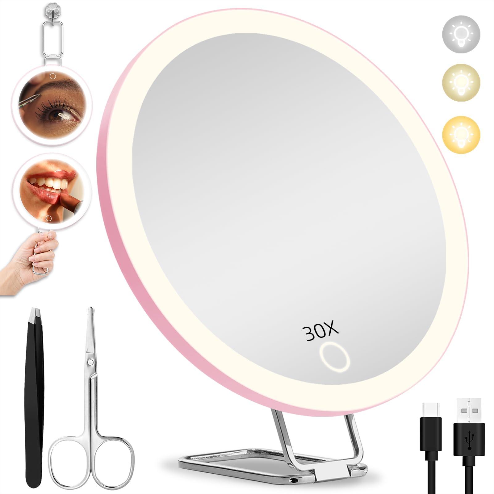 JJhxr 30X Magnifying Mirror with Light, 6\'\' Makeup Magnifying Mirror, Lighted Makeup Mirror with Magnification 30x Travel Magnifying Mirror, 30X High Magnifying Mirror with 3 Suction Cups & Adjustable Stand