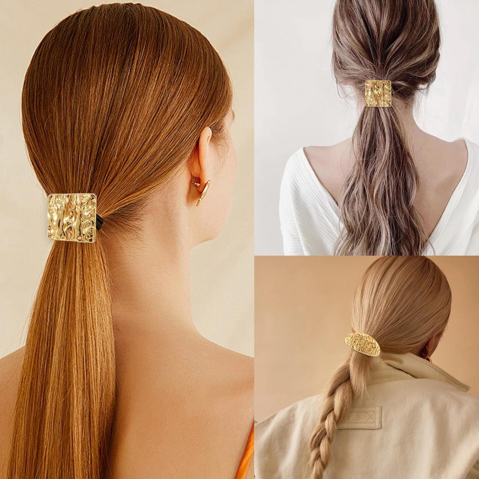 Yilotosnice Metal Hair Tie, Gold Ponytail Cuff, Gold Hair Cuffs, Gold Hair Ties, Gold Hair Tie Cuff For Thick Hair, Gold Hair Accessories For Women (4PC-A)