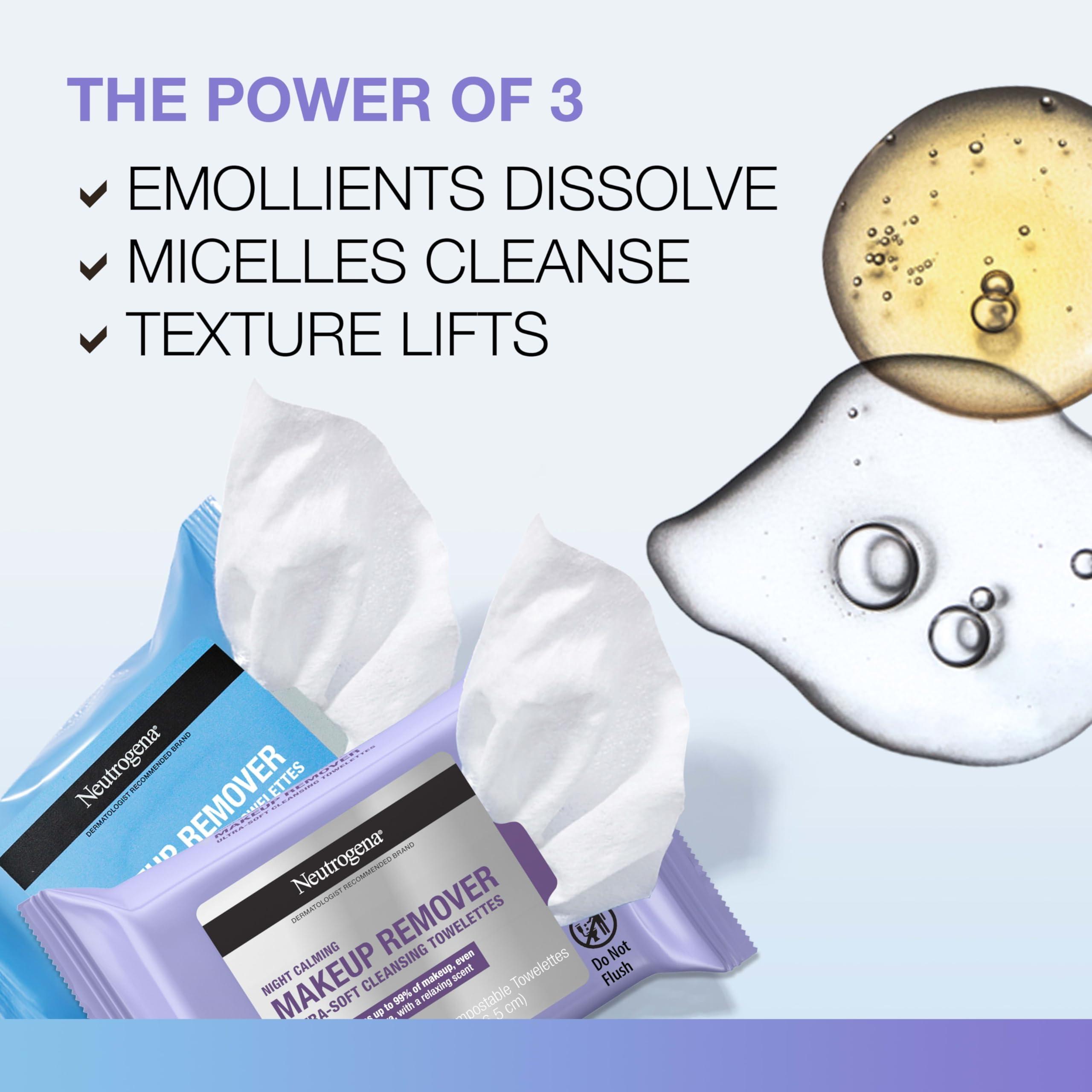 Neutrogena Neutrogena Day & Night Facial Cleansing Wipes, Makeup Remover Face Cleansing Towelettes & Night Calming Facial Cloths, 100% Plant Based Fibers Wipe Away Dirt & Oil, (3 Packs of 25)