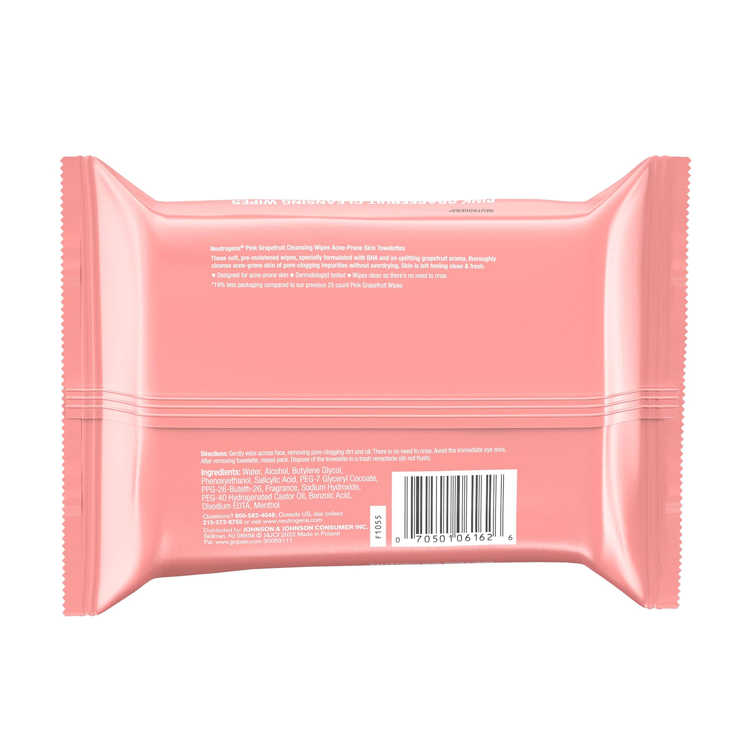 Neutrogena Neutrogena Oil-Free Facial Cleansing Makeup Wipes with Pink Grapefruit, Disposable & Pre-Moistened Daily Acne Face Towelettes to Remove Dirt, Oil & Makeup for Acne Prone Skin, 25 ct