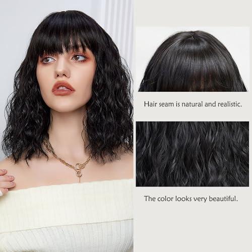Haoland Short Black Hair Wig,Shoulder Length Bob Curly Wavy Black Wig With Bangs for Women, Charming Heat-resistant Synthetic Hair Wigs for Date Daily Use