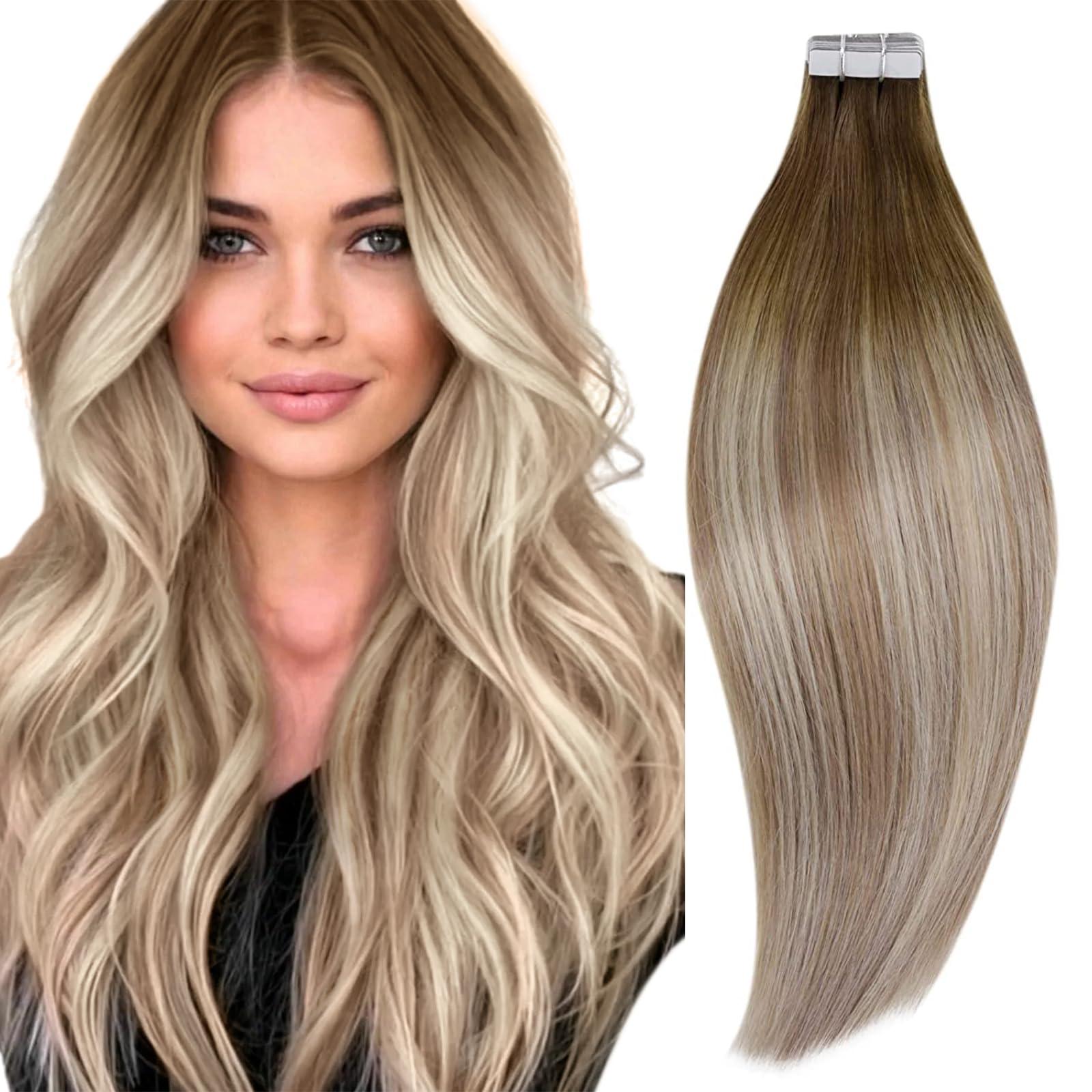 RUNATURE RUNATURE Bundles 12 Inch #3/8/22 Walnut Brown to Ash Brown with Light Blonde Tape in Hair Extensions Human Hair 30g 20pcs and U Tip Hair Extensions Human Hair 40g 50 Strands