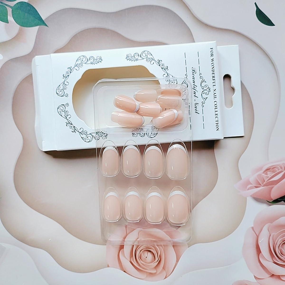 CEWEWP 24Pcs Fake Nails Short Almond Press on Nails CEWEWP White French Tip Nails for Women Real Nude Glue on Nails Short Acrylic Nails Press on Natural Gel Oval Stick on Nails Strong False Nails Set