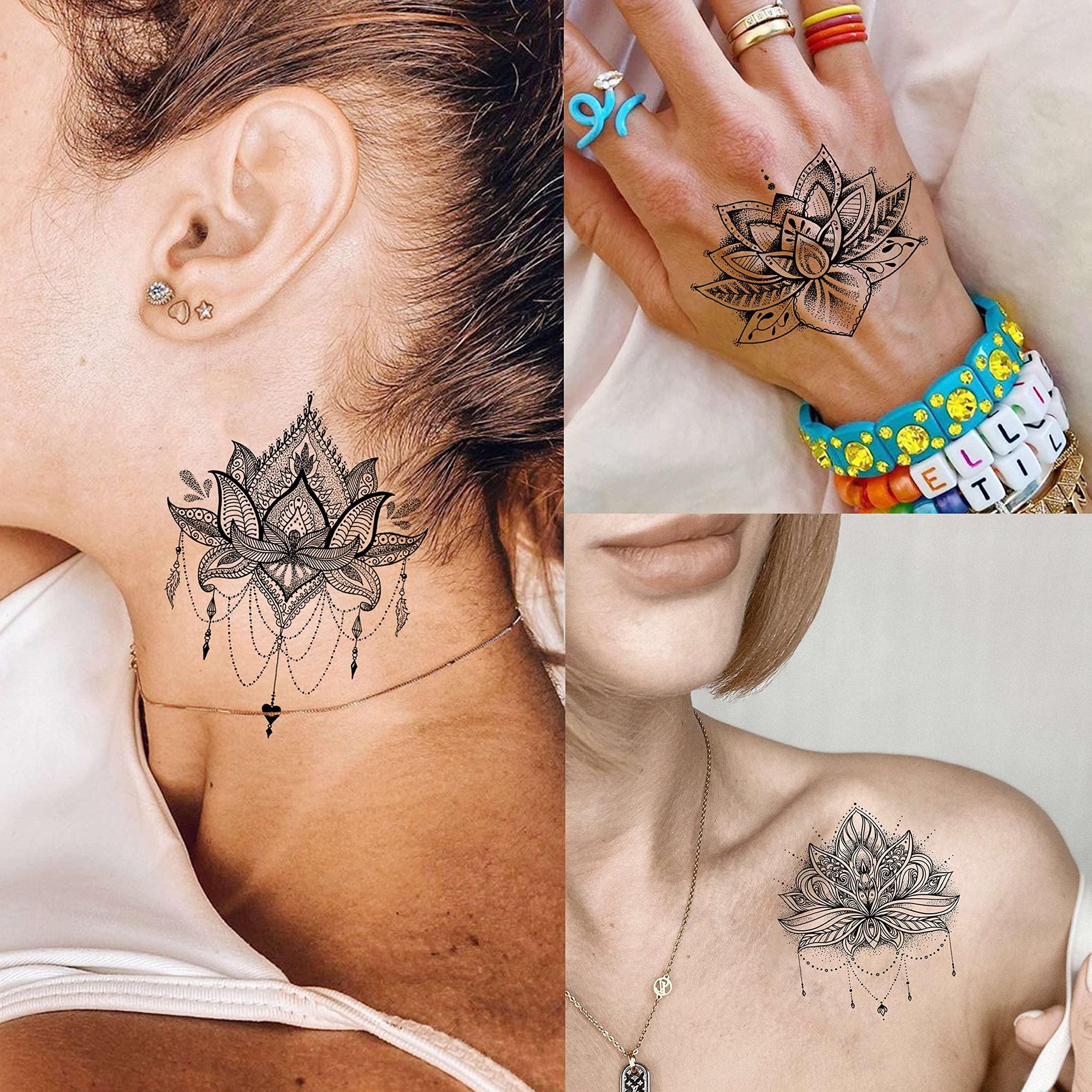EGMBGM EGMBGM 15 Sheets Sexy Black Lotus Temporary Tattoos For Women Wedding Brides, Tribal Fake Jewelry Pendant Lace Moon Moth Flowers Temp Tattoos Temporary Sticker For Girls Arm Neck Hands Tatoos Jewels