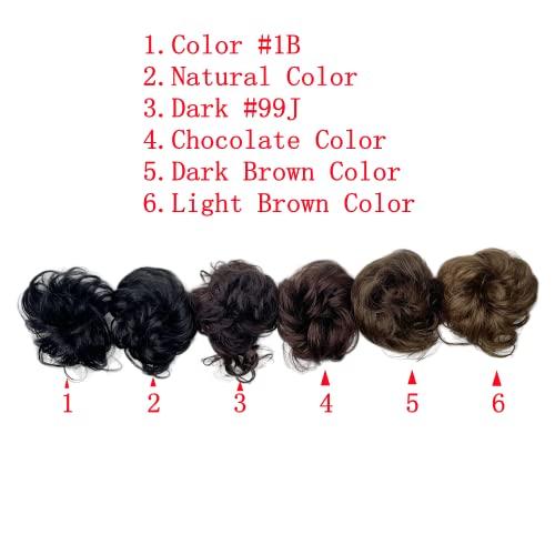 AYunhe 100% Human Hair Messy Bun Extension Tail, Messy Hair Bun Hair Scrunchies Extension with Fringe Curly Wavy Chignon for Women Wedding Tousled Updo Hairpiece (Dark Brown)