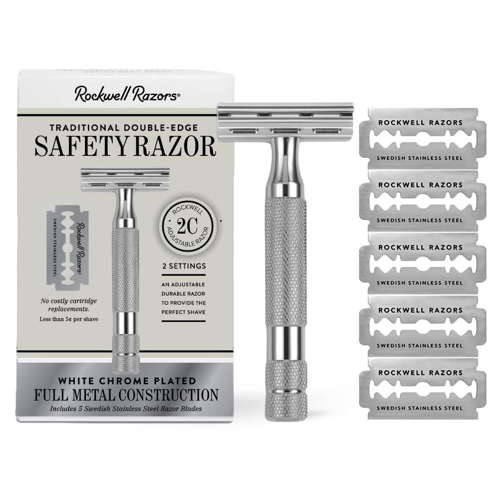 ROCKWELL RAZORS ROCKWELL RAZORS 2C White Chrome Double Edge Safety Razor With Adjustable Shave Settings and 5 Fully Recyclable Razor Blades. Reusable Safety Razors for Men and Women.