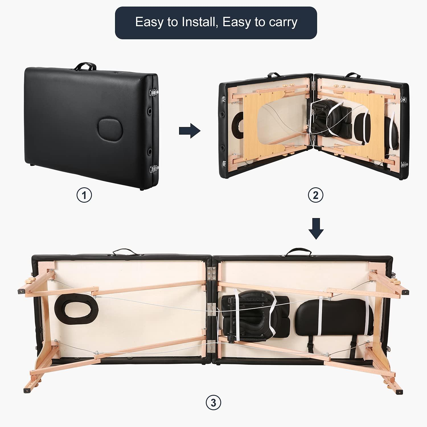 N \\ A Massage Table Portable Massage Bed with Carrying Bag Spa Bed Salon Bed Facial Bed Treatment Table Lash Bed Height Adjustable with Head-& Armrest 2 Fold Black