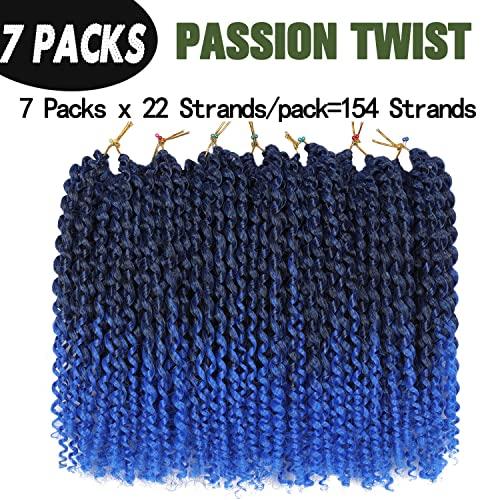Ubeleco 14 Inch Ombre Blue Passion Twist Hair, Water Wave Crochet Hair For Women Passion Twist Crochet Hair 22 Strands/Pack Bohemian Synthetic Curly Braiding Hair Extensions (14 Inch (Pack of 7),1B/Blue)