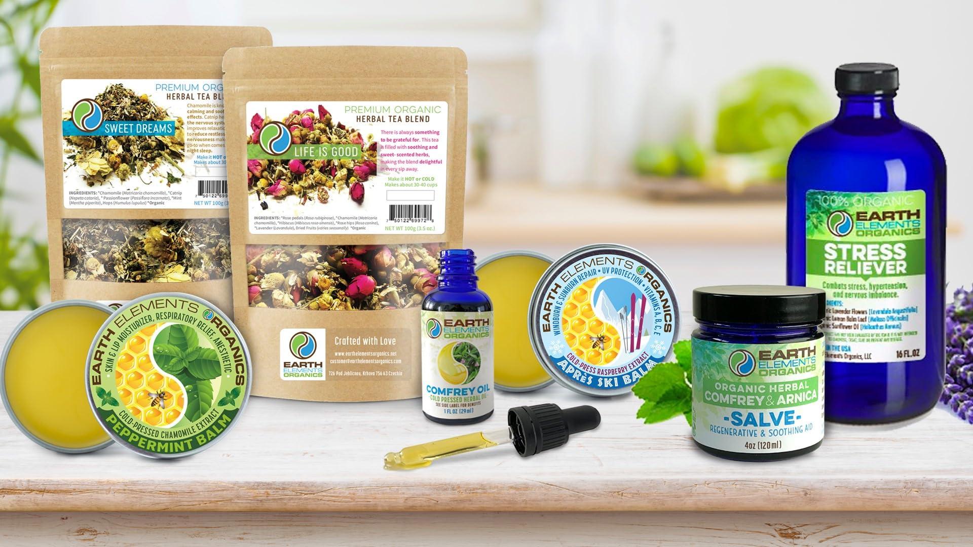 Earth Elements Organics Organic Comfrey Oil Raw, Infused, Pressed Herbal Oil. Comfrey Leaf, Sunflower Seed Oil 4 fl.oz.