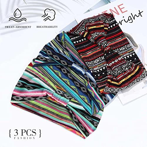 Catery Catery Boho Headbands Blue Stretch Wide Head Bands Knotted Turban Head Wraps Floral Elastic Headband Fashion Sweatband Head Scarfs for Women and Girls Pack of 3