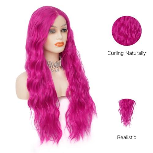 Siudus Siudus Hot Pink Lace Front Wigs for Women Long Curly Wavy Wig Middle Part Synthetic Fibre Halloween Cosplay Wig