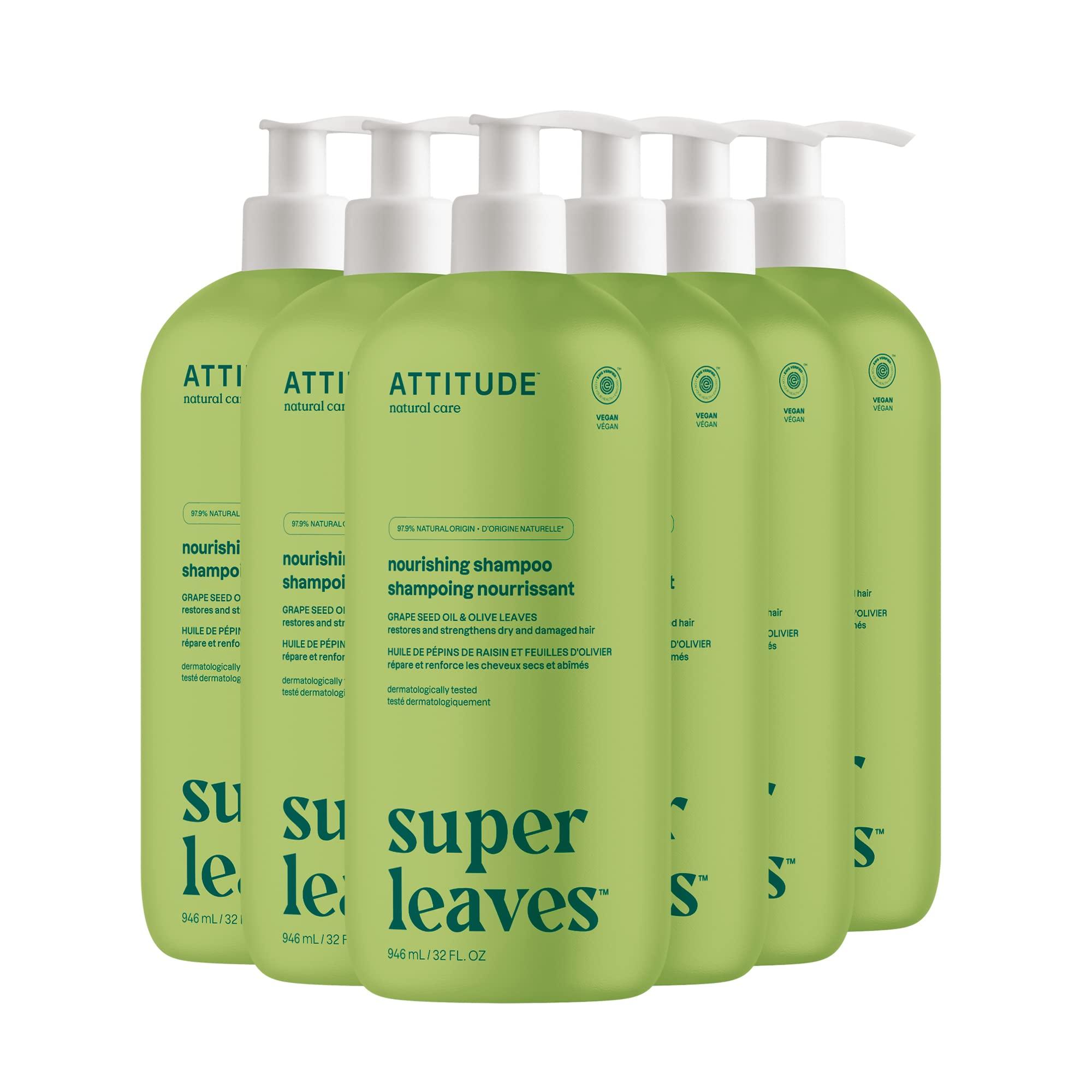 ATTITUDE ATTITUDE Nourishing Hair Shampoo, EWG Verified, For Dry and Damaged Hair, Naturally Derived Ingredients, Vegan and Plant Based, Grapeseed Oil and Olive Leaves, 32 Fl Oz (Pack of 6)