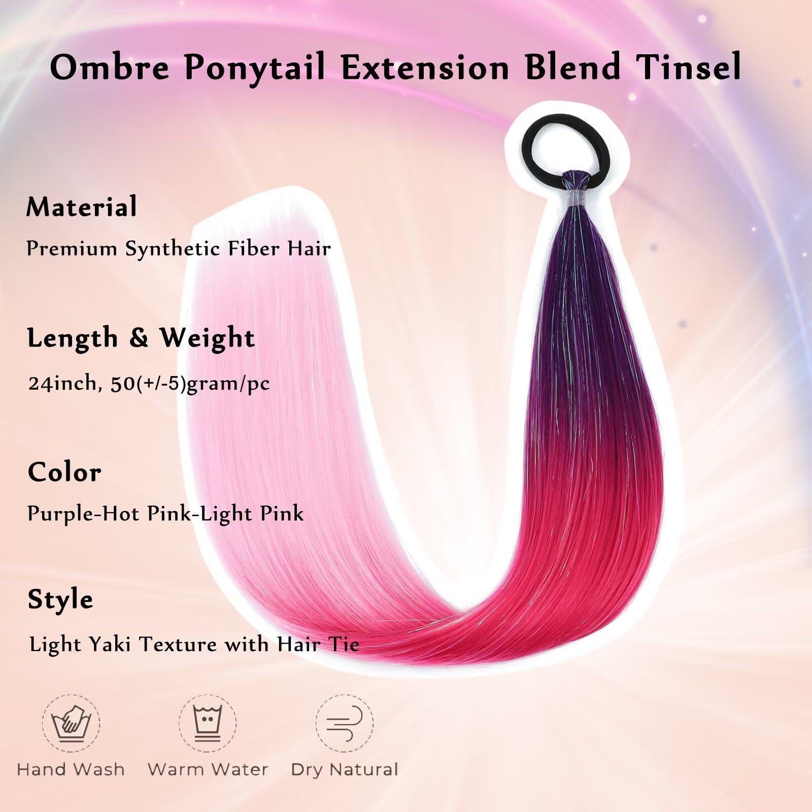 ALIABSION Purple Pink Ombre Ponytail Extension with Hair Tie Festival Colored Ponytail Hair Extensions for Braiding 2 Packs 24 Inch Colorful Pony Tails Hair Extensions for Braids Rave Crazy Hair Day(50g/pc)