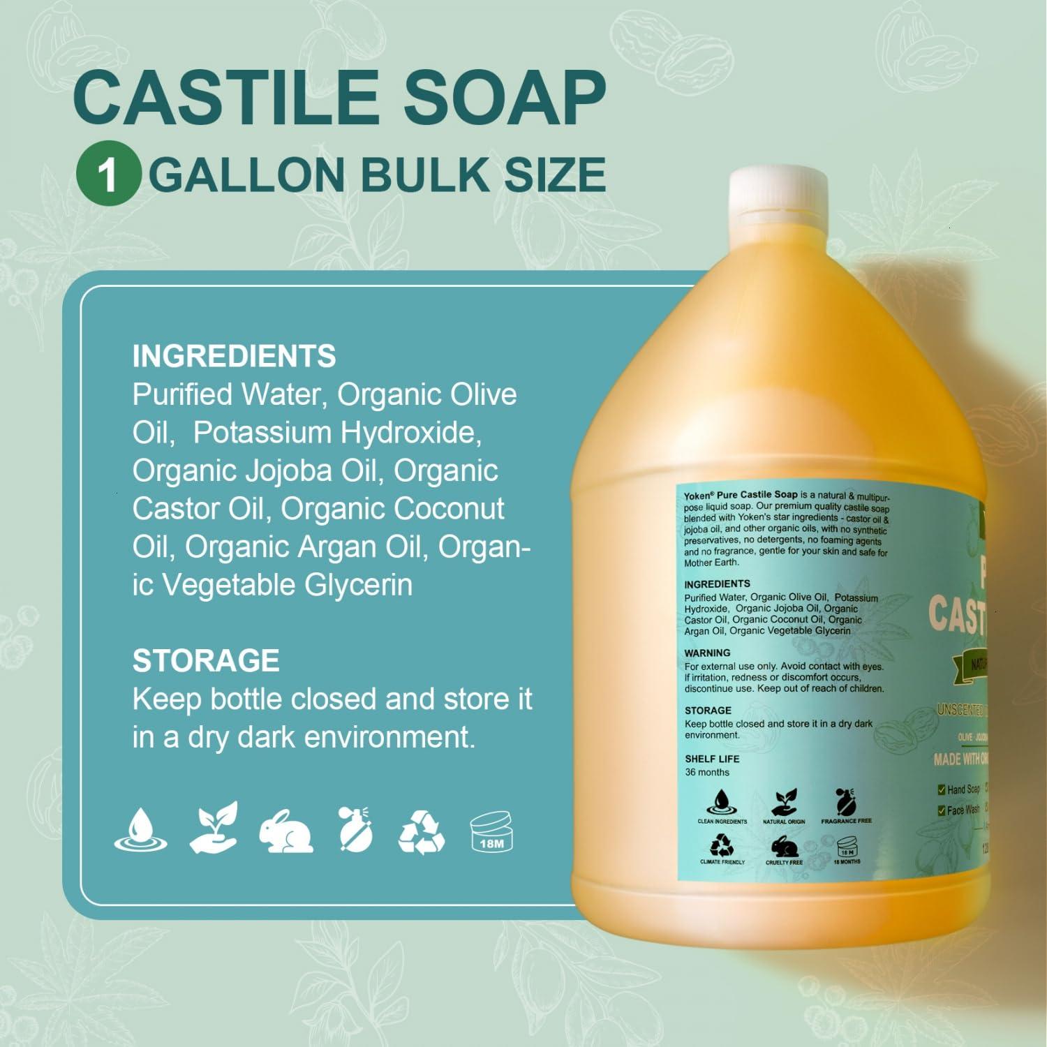 Yoken Yoken Castile Soap Liquid EWG Verified(1 Gallon, Unscented) Pure-Castile Liquid Soap for Body, Face, Hand, Pets, Laundry, Dish Soap and More - Made With Organic Oil, Vegan, Clean & Gentle, Versatile