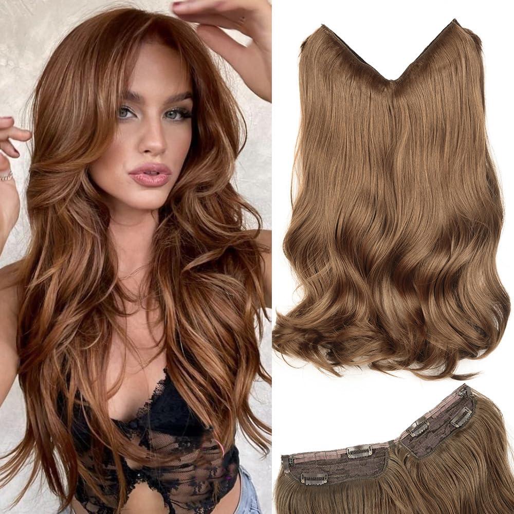 TOZIKA Halo Hair Extensions 20 Inch Medium Brown Invisible Wire Hair Extensions Adjustable Long Wavy Hair Extensions 4 Secure Clips in Hairpieces Natural Looking Fiber Wig for Daily Party Use (Brown)