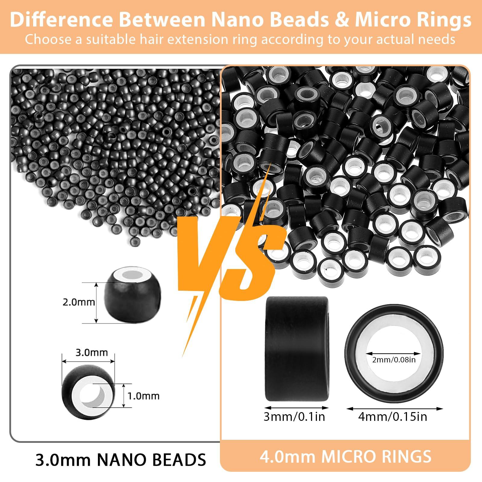 Abeillo 200Pcs Hair Extentions Beads 4mm Silicone Lined Micro Beads with Pulling Hook Needle, Bead Device Tool Kits for Hair Extensions(Black)