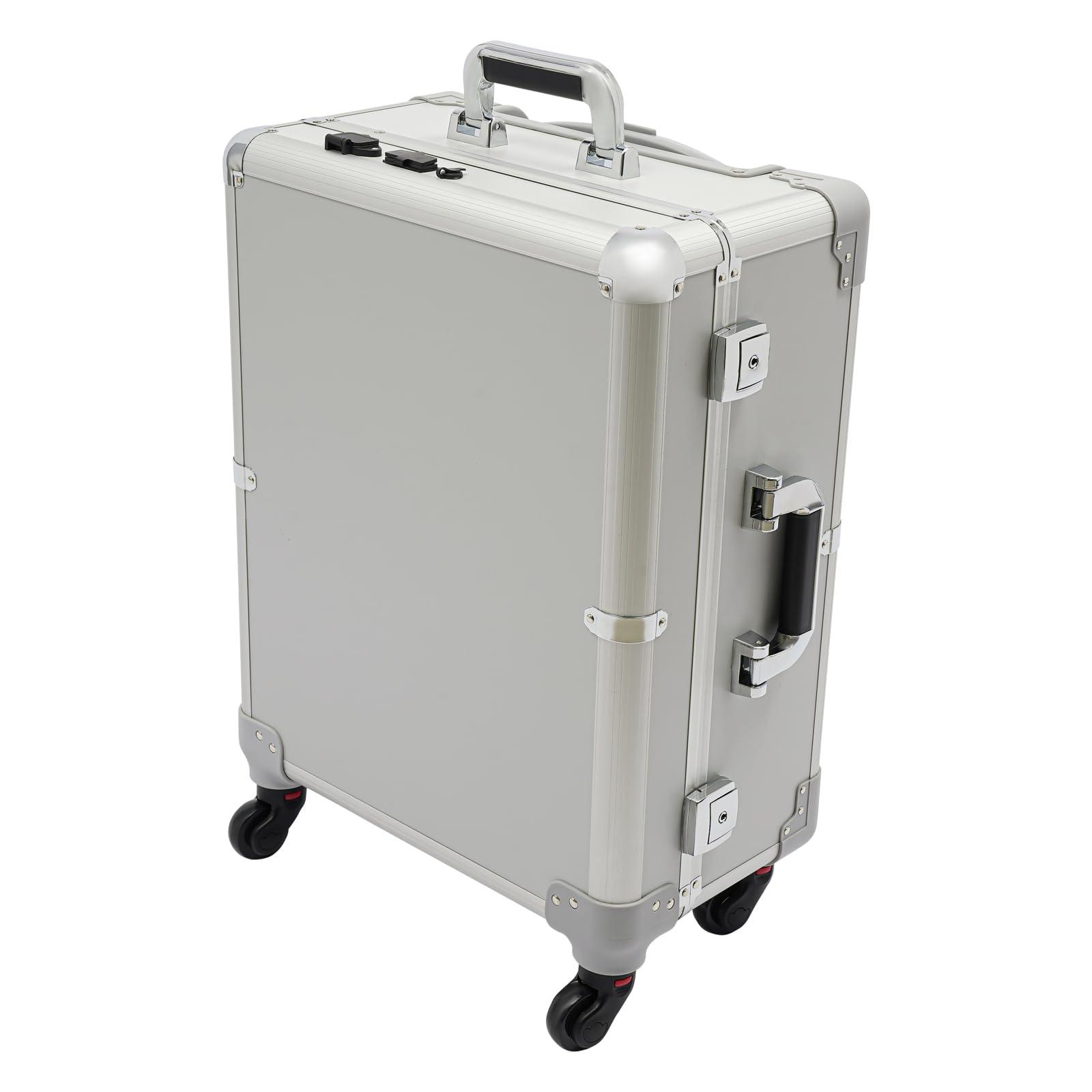 YIYIBYUS YIYIBYUS Aluminum Trolley Makeup Train Case with LED Light 21'' Rolling Cosmetic Organizer Make up Artist Free Standing Box with Stand Mirror Makeup Vanity Station (Silver)