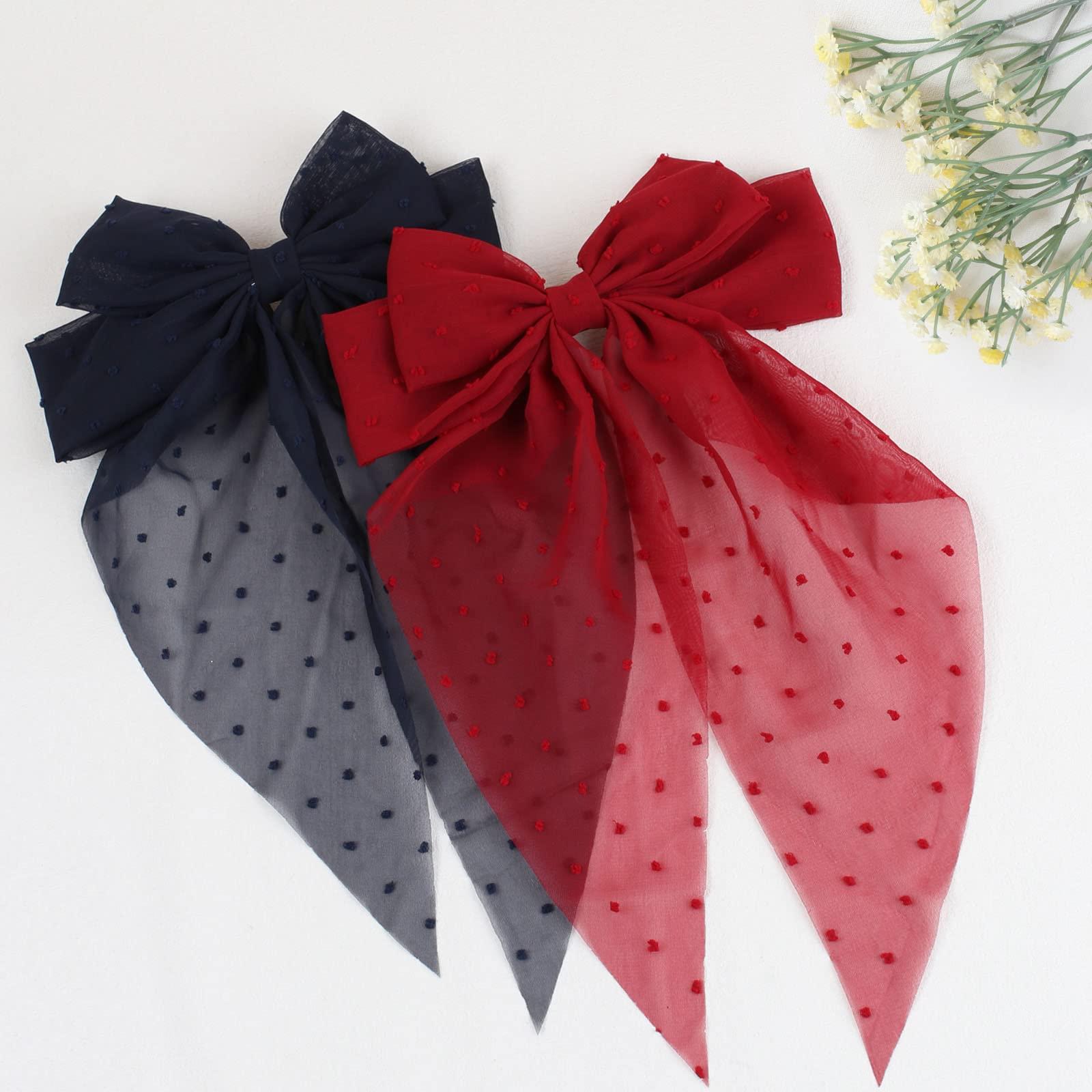 VOBOBE VOBOBE Hair Bow Clip, 8Pcs Big Tulle Layered Hair Bows for Women Girls 8 Inch, Long Black Gauze Bows, French Style Hair Accessories