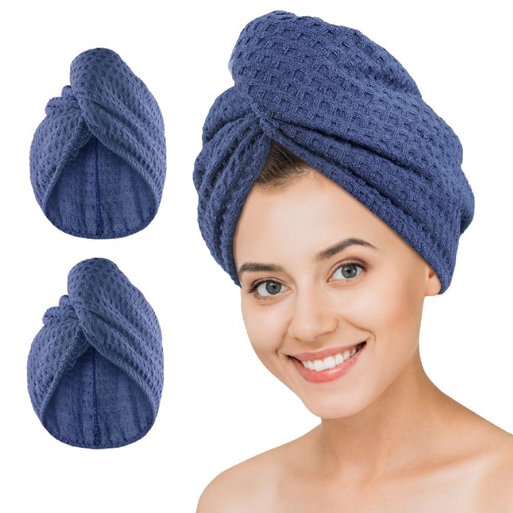 Dolwis Microfiber Hair Drying Towel - 2Packs Waffle Long Hair Head Turban Wraps Terry Cloth Fast Absorbent Dry Anti Frizz Twist Plopping Curly Shower Turban for Women Wet Hair (Dark Blue)