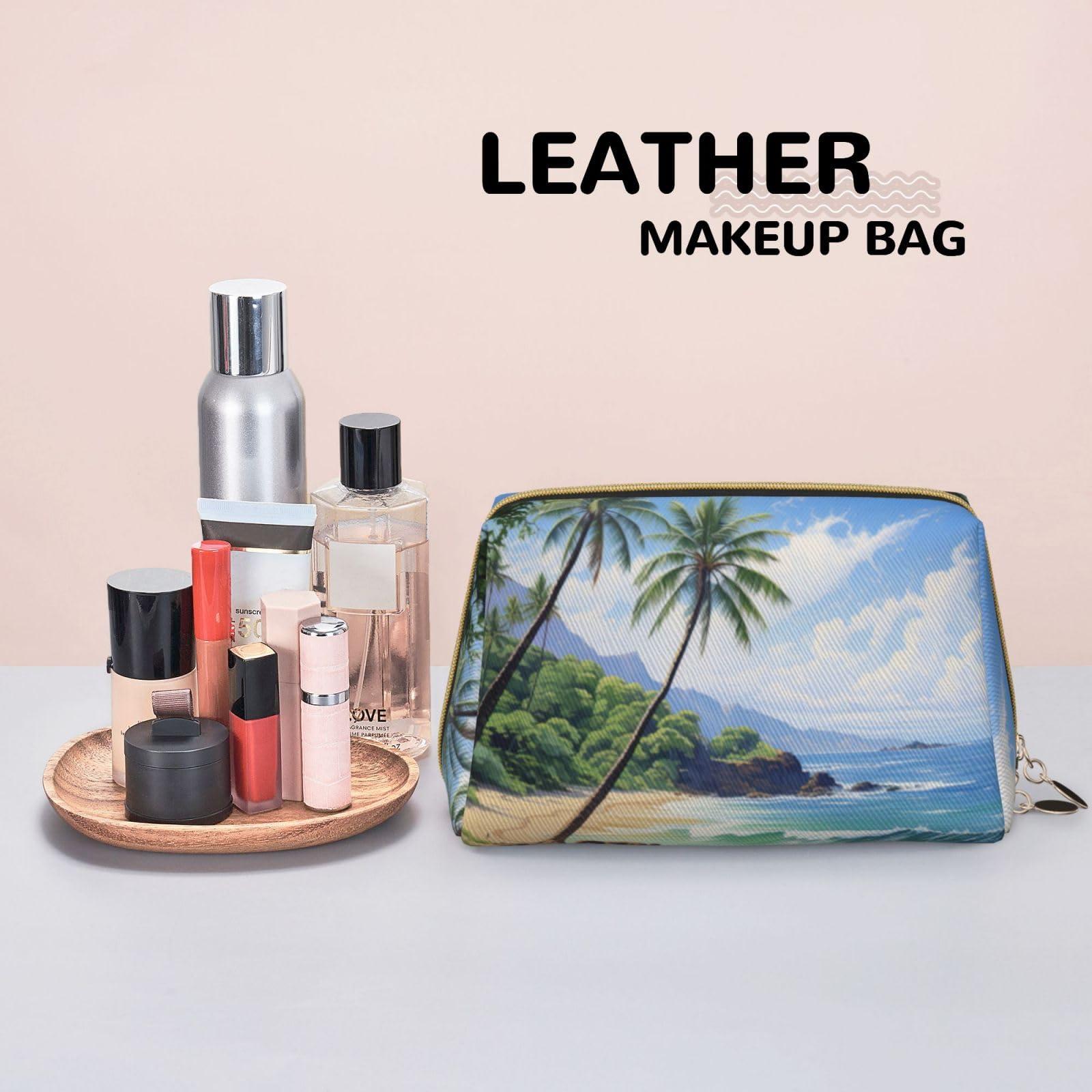 BREAUX BREAUX Hawaiian Beach With Palm Trees Print Organizer, Leather Clutch Zipper Cosmetic Bag, Portable Cosmetic Bag (Large)