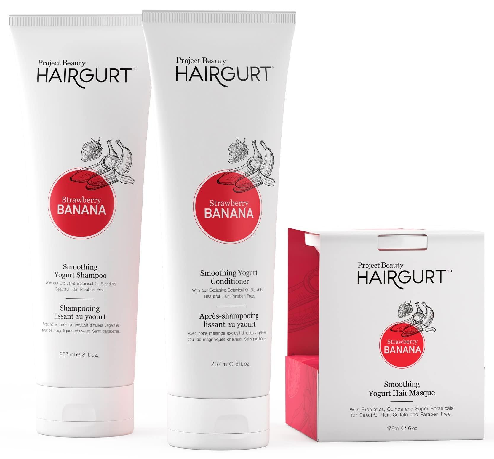 Hairgurt Hairgurt Smoothing Yogurt Hair Care 3-Piece Set - Strawberry Banana - Natural Shampoo, Conditioner and Hair Mask, Smoothes Dry, Damaged, Frizzy & Color-Treated Hair