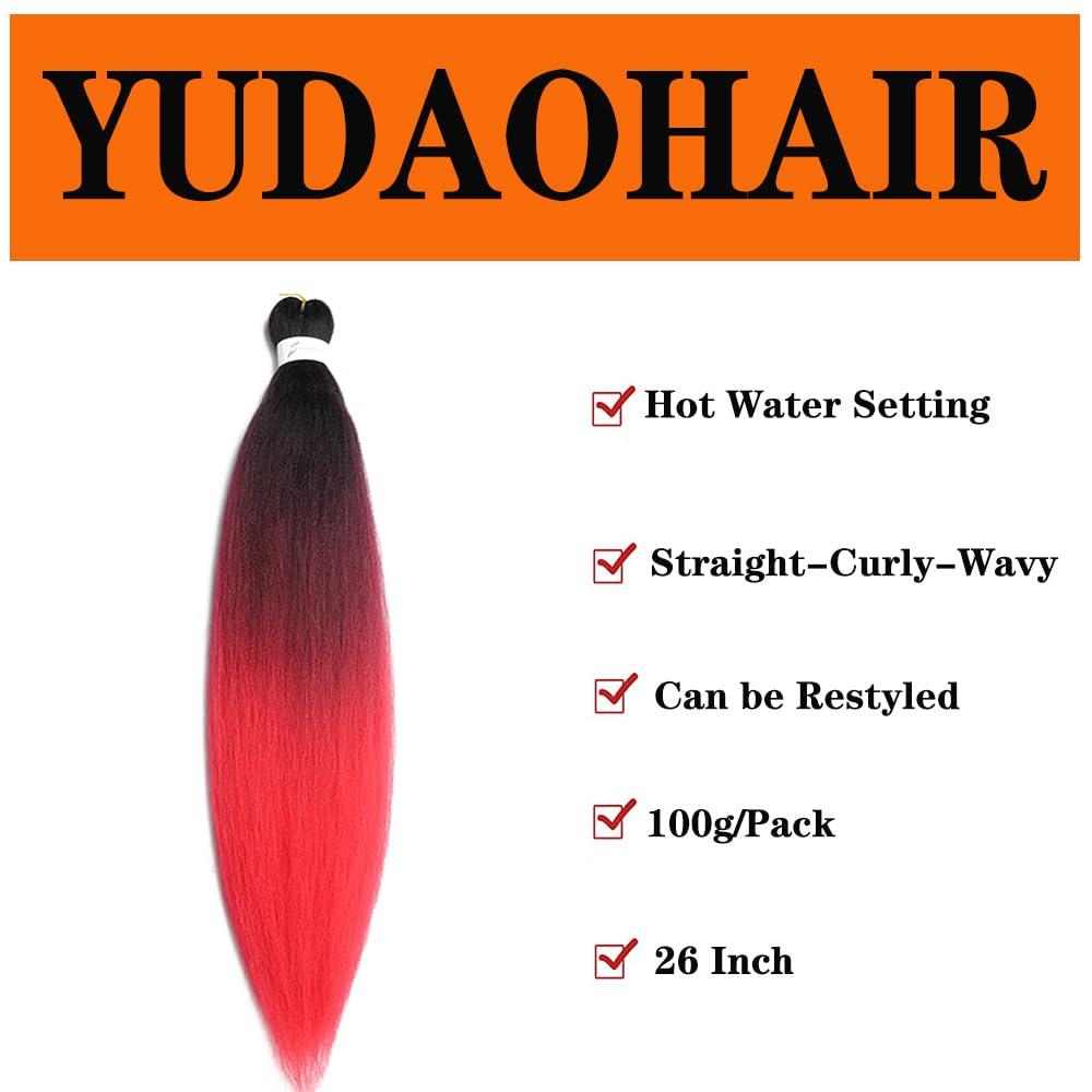 YUDAOHAIR Pre Stretched Braiding Hair 26 Inch Ombre Red Braiding Hair Extensions Hot Water Setting Crochet Box Braids Hair (26 Inch (Pack of 1), Black-Wine Red-Red)