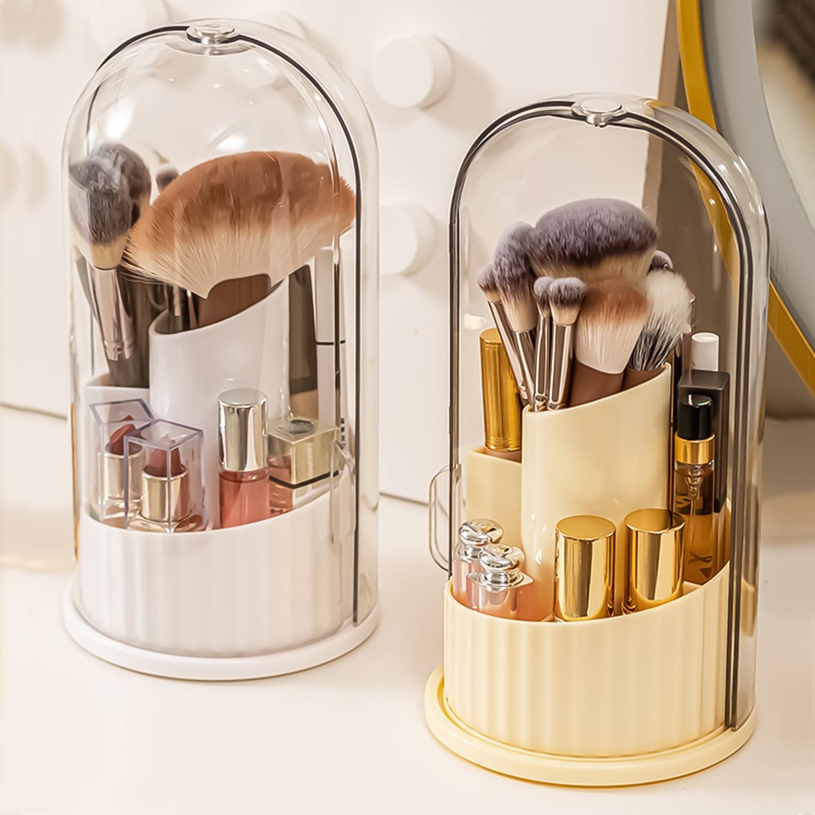 Segutage Makeup Brush Holder with Lid, 360 Rotating Makeup Brush Organizer with Cosmetic Bag Women Dustproof Cosmetics 5 Slots Makeup Brush Storage Cup for Vanity Desktop Bathroom Countertop (Cream White)