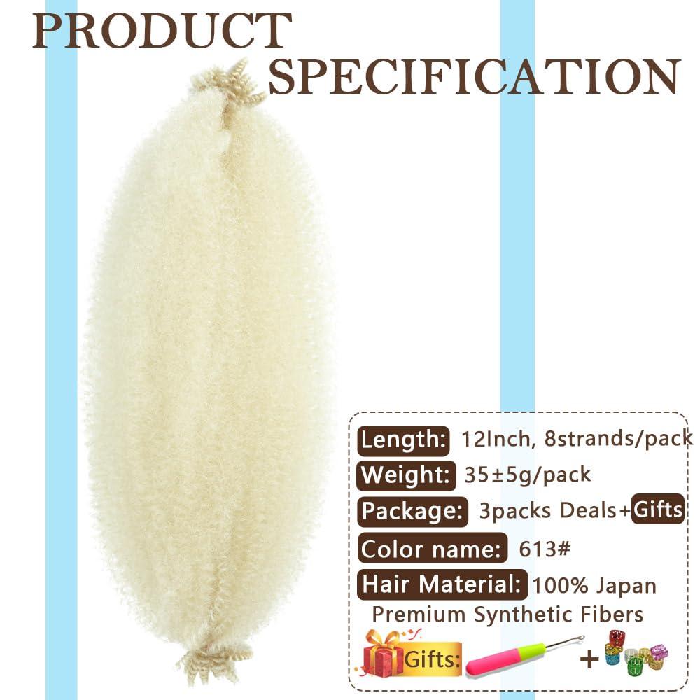 Dlyoigr Afro Twist Hair Pre Separated Springy Afro Twist Hair Pre stretched Wrapping Hair for Soft Locs Marley Twist Braiding Hair Afro Kinky Twist Hair Extensions (12 Inch (Pack of 3),613#)