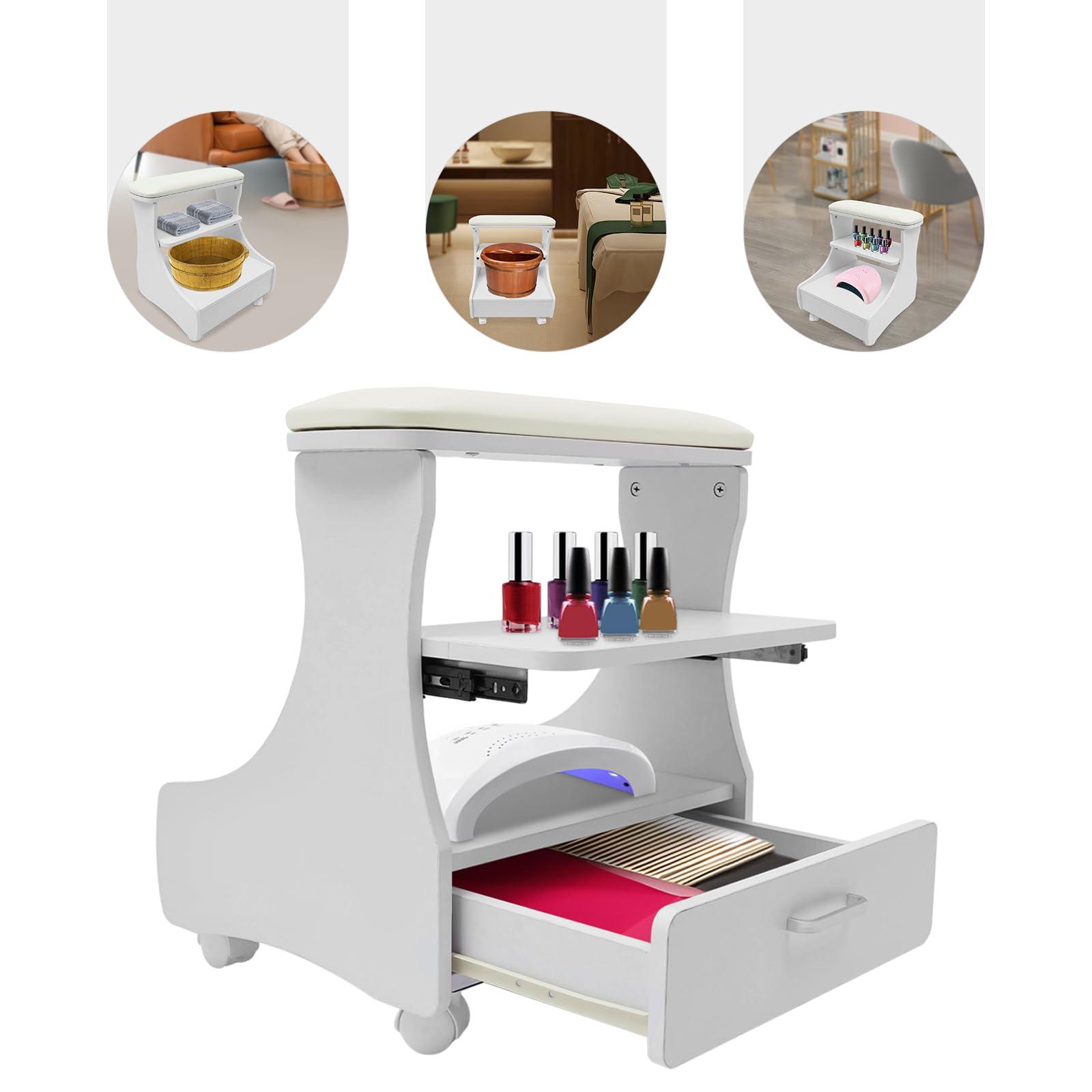 Omosiroi Omosiroi Pedicure Foot Rest, Manicure Pedicure Chair with Wheels, Portable Foot Bath Spa Cart Beauty Nail Foot Stool Trolley, Footrest Salon Supplies Foot Massage Station for Home/Bathroom (White)