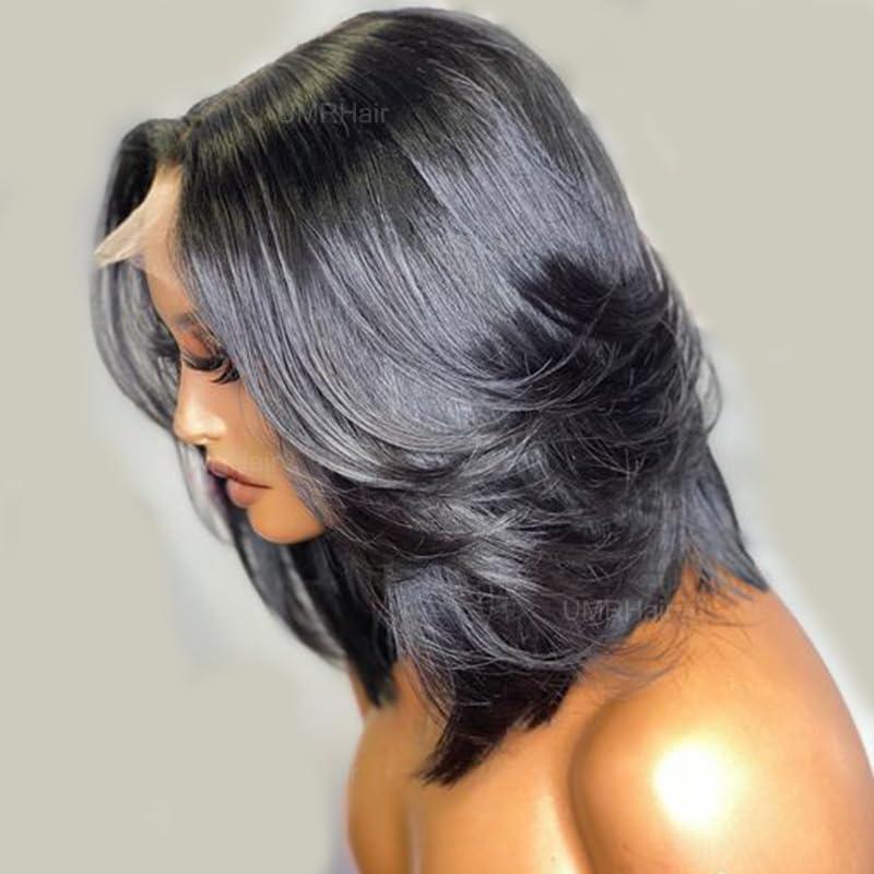 UMRHair 12inch Layered Lace Front Wigs Brazilian Glueless 180% Density Short Bob Human Hair Wig for Black Women 13X4 Middle Part Short Cut Layered Bob Wig PrePlucked BabyHair