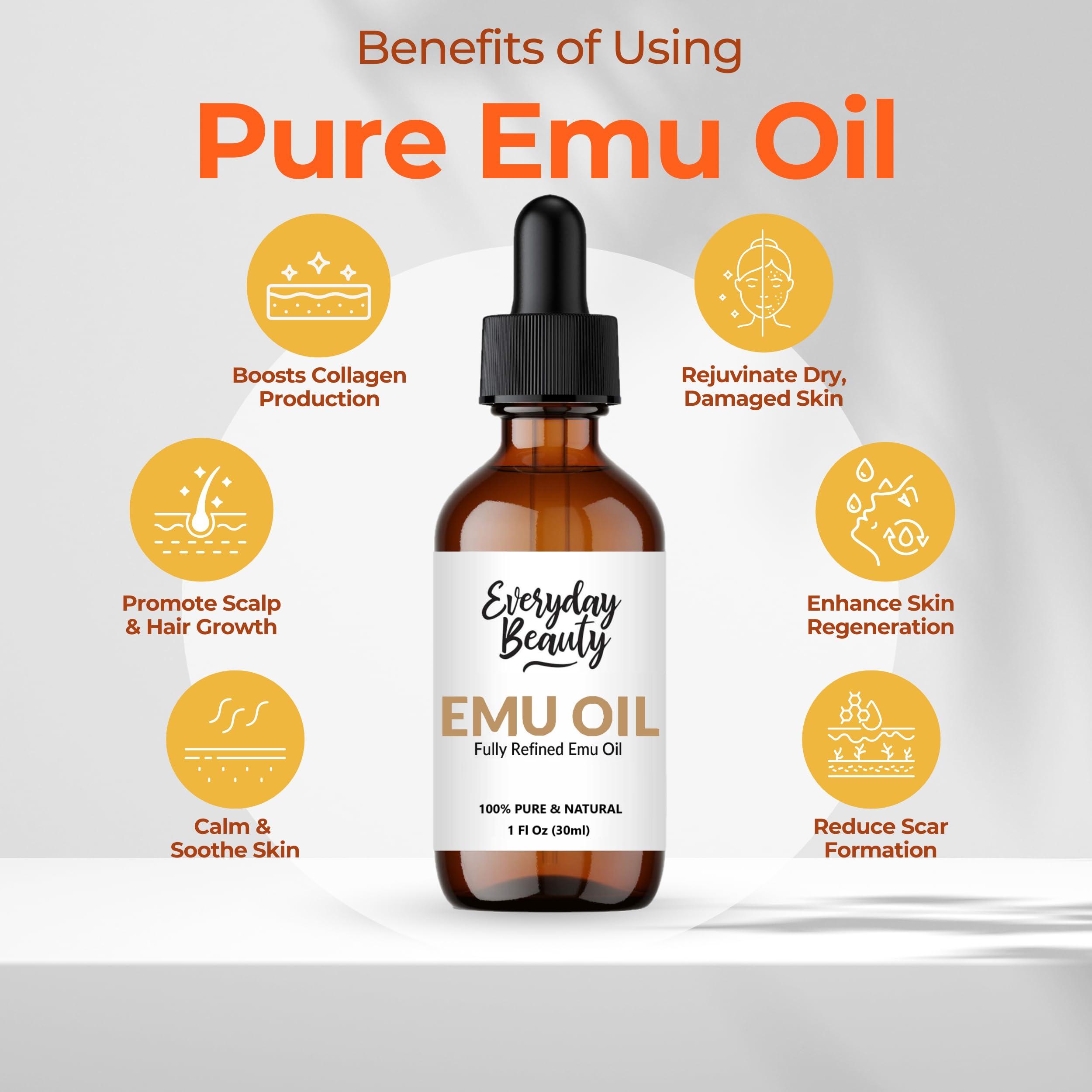 Everyday Beauty Helping You Feel Beautiful Ins Pure Australian Emu Oil - All Natural 6X Refined for Face, Skin and Hair - Highly Effective Hydration for Sensitive Skin & Hair Growth Perfect for Scars & Blemishes - 1 Fl Oz Glass Bottle & Dropper
