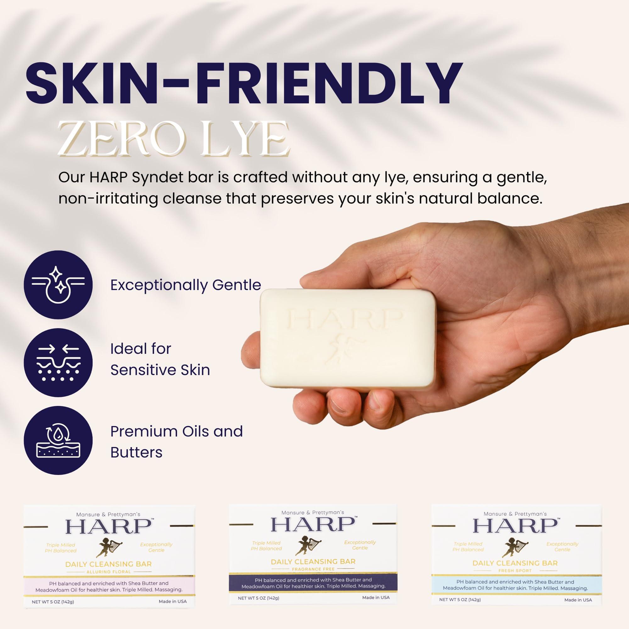 Mansure & Prettyman's HARP HARP pH-Balanced (5.0-6.0) Body Wash Bar - Exceptionally Gentle For Dry or Sensitive Skin + Shea Butter + Borage Oil | Non-Comedogenic | Soap-Free, Lye-Free. FRESH SPORT FRAGRANCE
